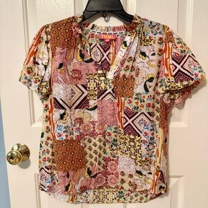 THML Patchwork Floral Short Sleeve Top in Pink, Orange, Yellow, Cream